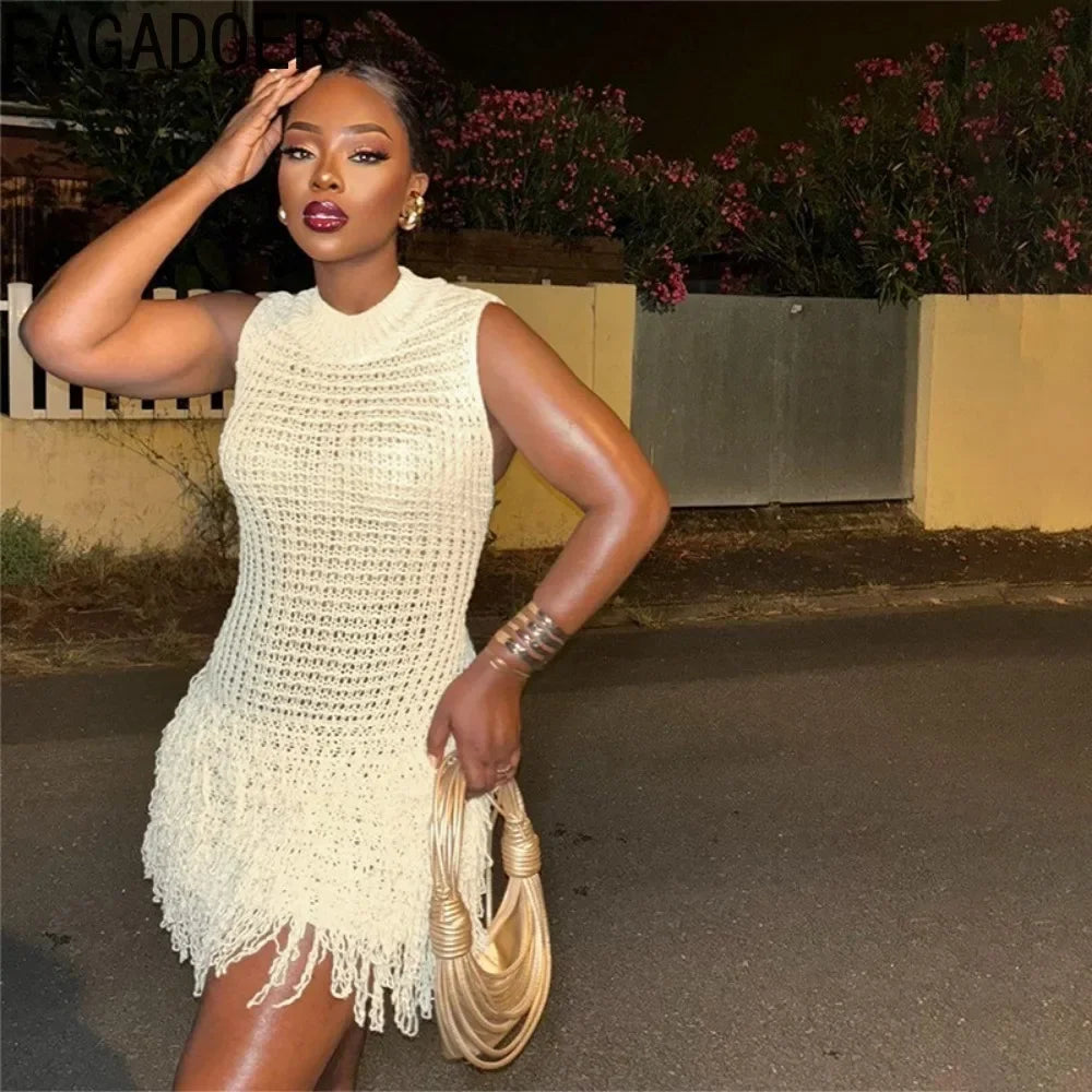 NEW Arrivals UK Size Black/White Color Italian Fashion Tassels Hollow Out Splicing Mini Dresses Women Round Neck Sleeveless Slim Elegant Lady Clothing