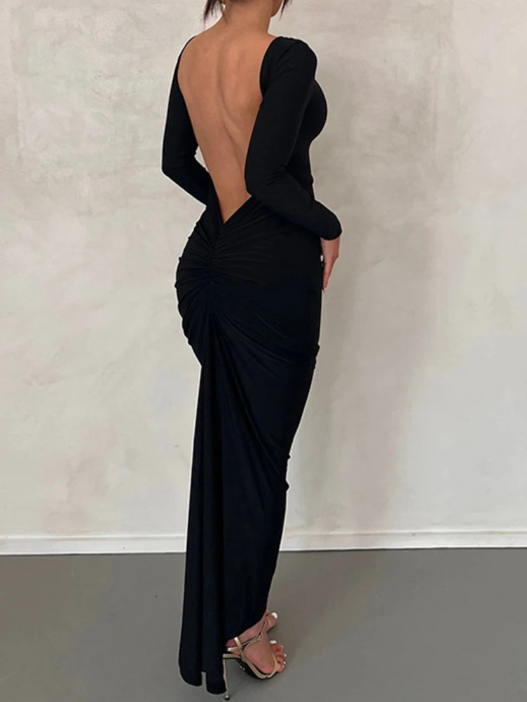 NEW Arrivals UK Size Red/Black/White Color Sexy Deep V Backless Pleating Slim Bodycon Long Dress Women Long Sleeved Solid Color Maxi Dress Evening Club Party