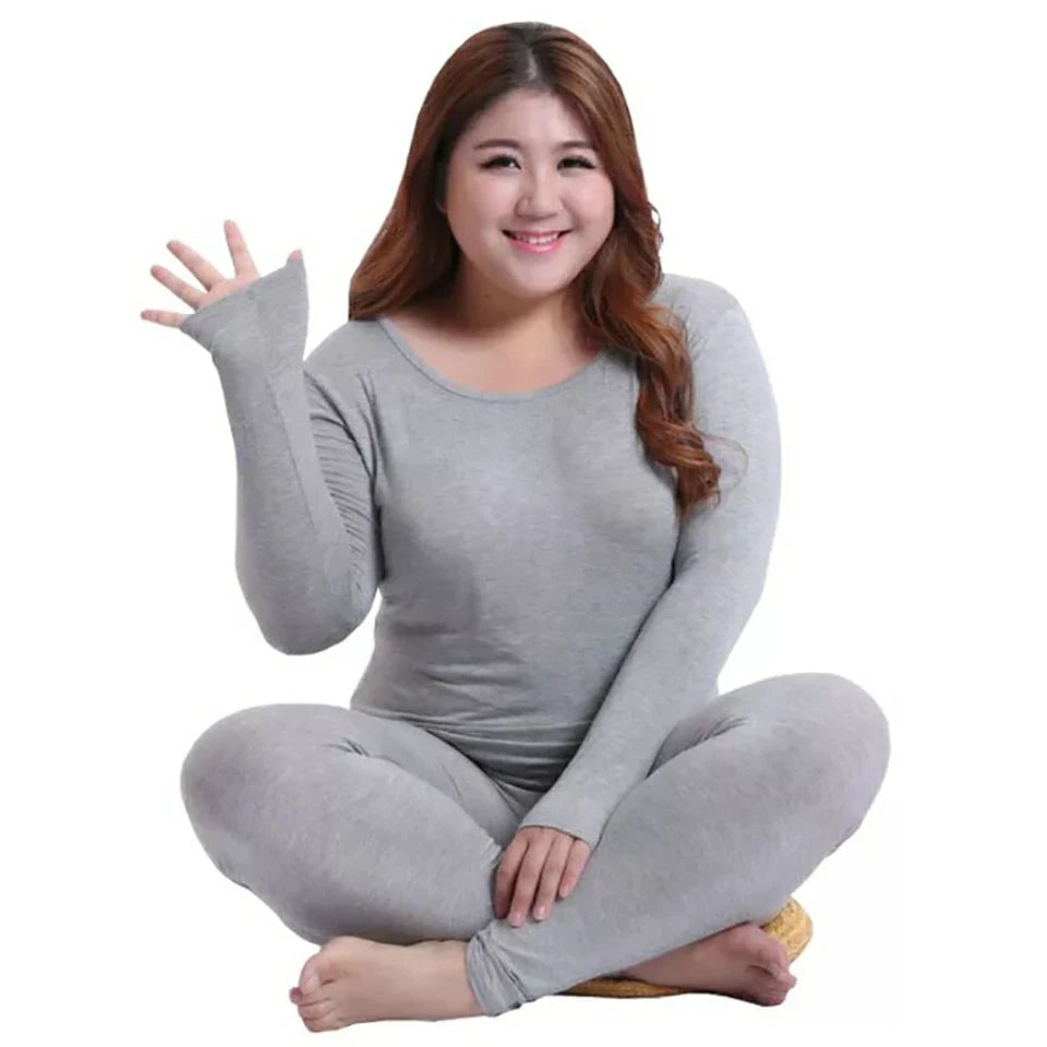 XL-6XL Plus Size Thermal Set Curvy Women Long Johns Set Solid Warm Thermal Underwear Thermal Long Sleeve Pants Pajamas Set Winter Home Clothes