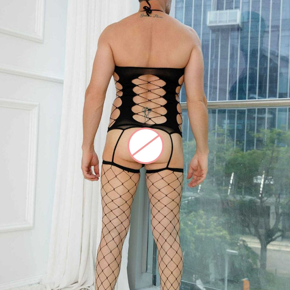 Men Gay Bodystocking Sissy Sexy Lace Mesh Fishnet Bodysuit Sissy Pantyhose Hosiery See Through Lingerie Hollow Erotic Underwear