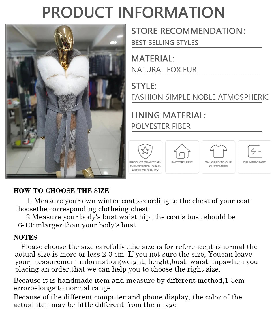 NEW HOT SALE Real Fur Coat Women Cashmere Wool Coat With Fox Fur Long Collar Winter Snow Outerwear Business Dinner Evening Wedding Party Jacket Real Silver Fox Fur Coat Female Ladies Winter Luxury Fashion Clothing Products