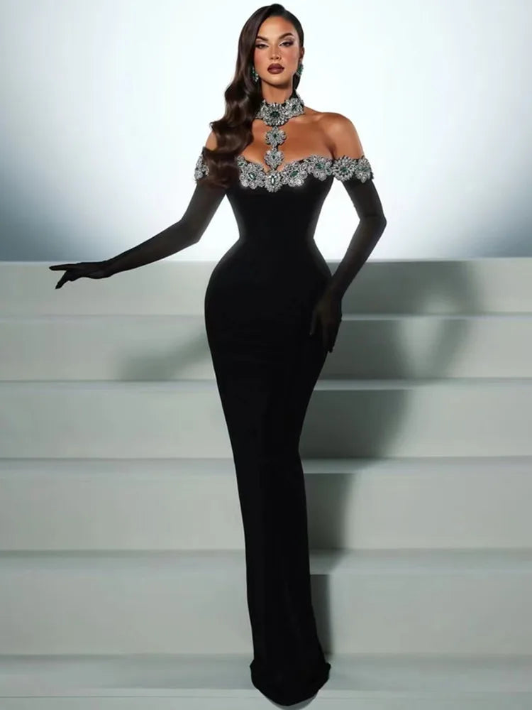 NEW Summer Bandage Luxury Dress Women Celebrity Sexy Diamonds Crystal Black Maxi Long Bodycon Elegant Evening Club Party Red Carpet Dress Ladies Luxury Fashion Clothing Supplies