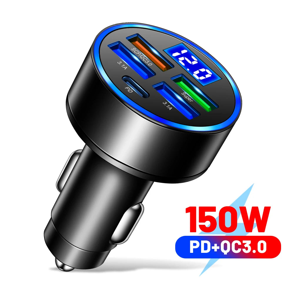 NEW Arrivals 250W 6 Ports PD Car Charger QC3.0 Fast Charge One to Six Car Cigarette Lighter Plug Car Charger Flash Charge with Digital Display