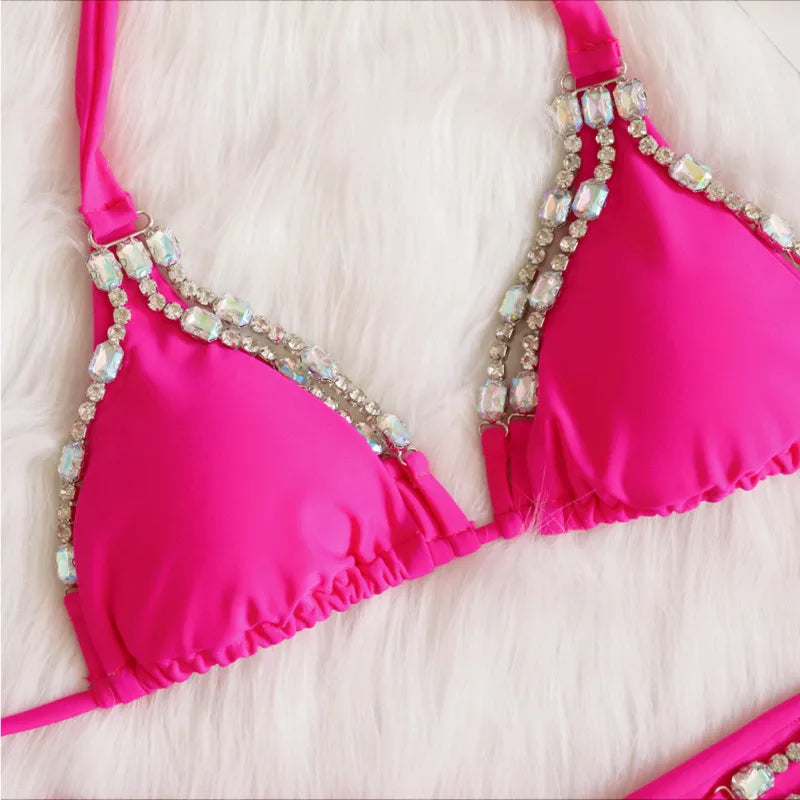 NEW Arrivals Sexy Rose Red/Black S-XL Bikinis Swimsuit With Rhinestones Women Female Swimwear Female Push Up Bikini Beach Swim Wear Bathing Suits Water Pool Bather Girls Ladies Summer Luxury Fashion Apparel Supplies