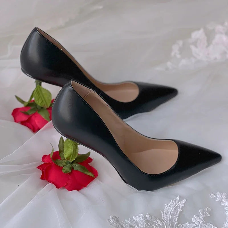 Just Arrived Handmade Sheepskin Leather Elegant 3D Red Rose Heels Ladies Pumps Pointed Toe Shallow High Heels Basic Style Banquet Party Wedding Bride Woman Shoes