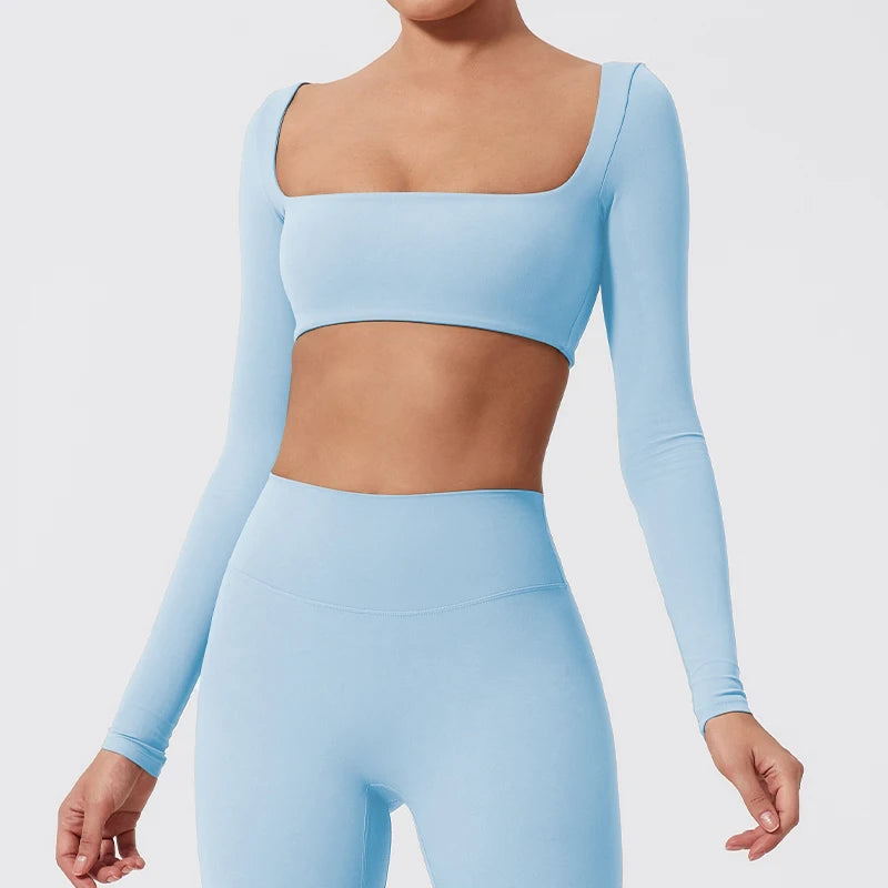 NEW Arrivals S-XL 7 Colors Quick Dry Square Neck Activewear Women Gym Top Women Fitness Sports Crop Top Female Casual Long Sleeve Yoga Clothes