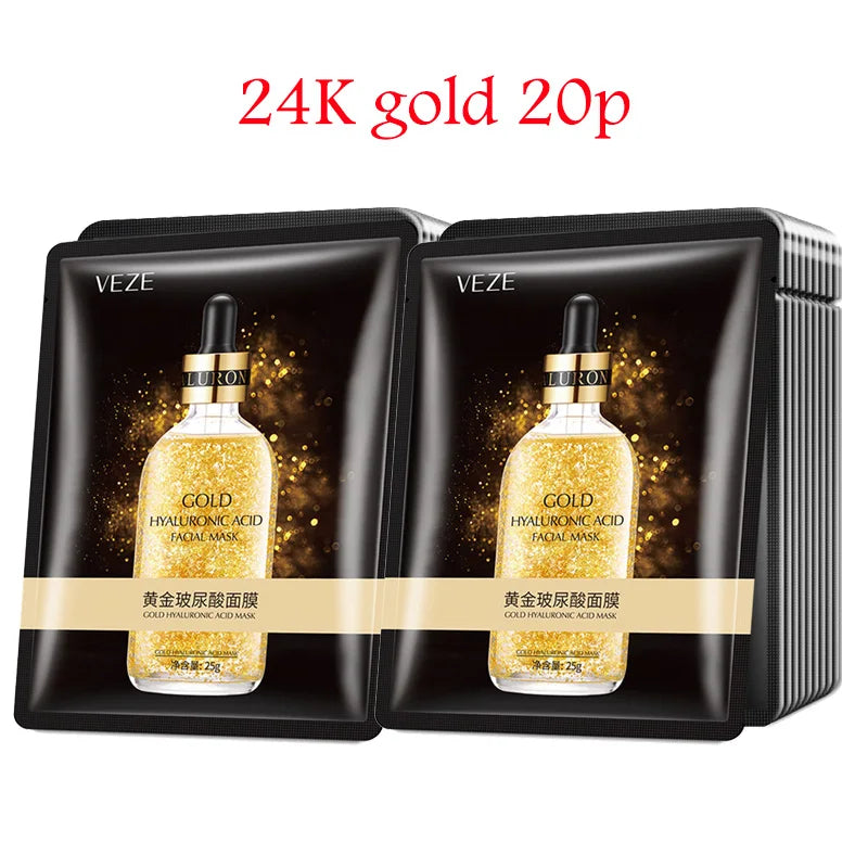 NEW 20PCS Korean Set Snail + 24K Gold + Collagen + Hyaluronic Acid Face Mask Skincare Moisturizing Anti Wrinkle Whitening Facial Masks Face Sheet Mask Korean Skin Care Products
