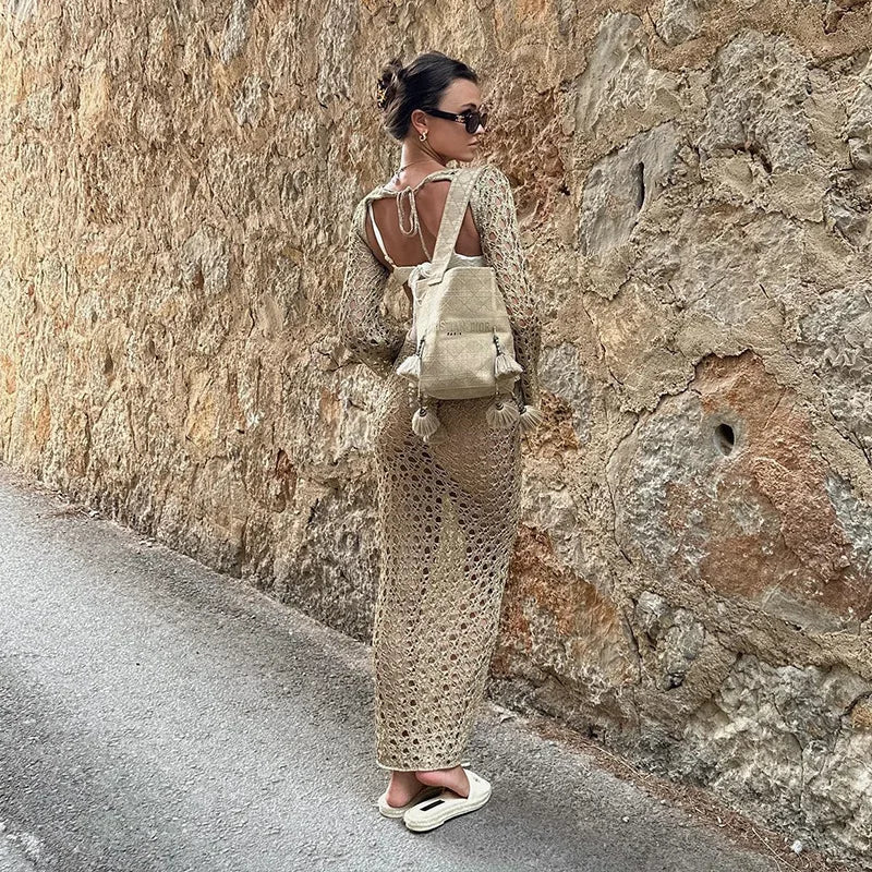 NEW Arrivals Black/White/Khaki Color Sexy Round Collar Long Sleeve Wrap Dress Knitting Hollow Out Beachwear Cover Up Summer Holiday Beach Elegant Long Dress