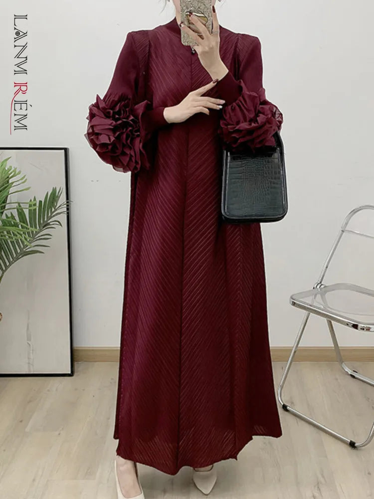 NEW Arrivals UK Size 4 Colors Pleated Dress For African Women Flower Sleeves Female Sunday Church Evening Party Wedding Guest Elegant Clothing Trendy New Ladies 2DB1827