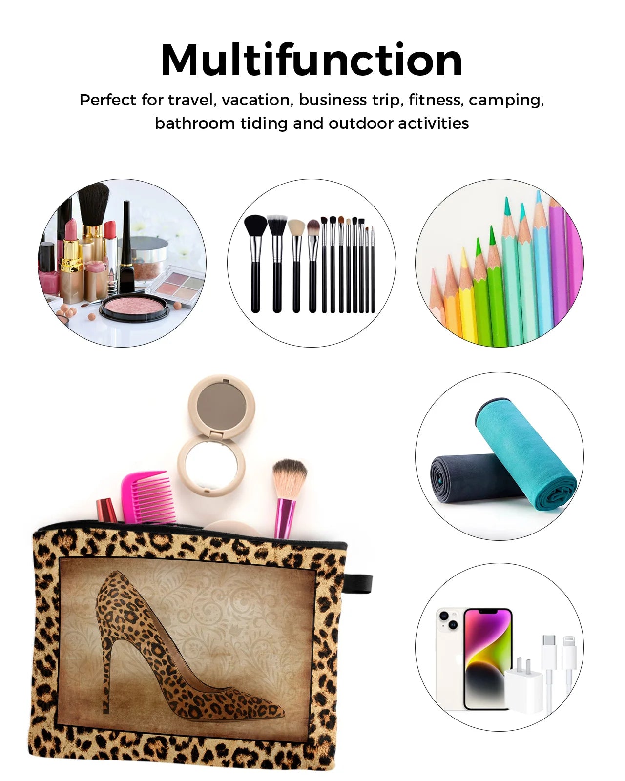 Leopard Luxury High Heels Large Capacity Outdoor Travel Cosmetic Bag Portable Make Up Storage Pouch Women Waterproof Case Cosmetics Accessories Supplies