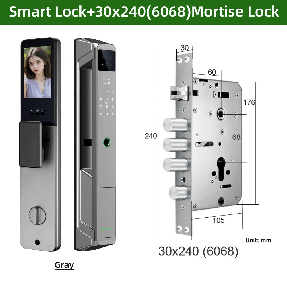 NEW Arrivals P8 TUYA App Wi-Fi Smart Lock, 21 Languages, Remote Video Call Intercom, Face-Palm IC Card Unlock, Black/Gray Anti Theft Top Quality Security System Home Apartments Office Security Supplies