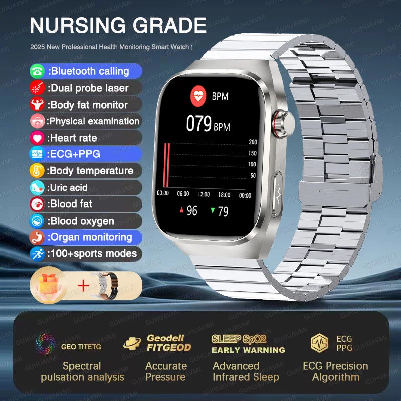 NEW Arrivals Micro Physical Examination ECG Smart Watch Women Men Uric Acid Body Fat Five Organ BP Health Watches HD Call Smart Bracelet Health Care Supplies