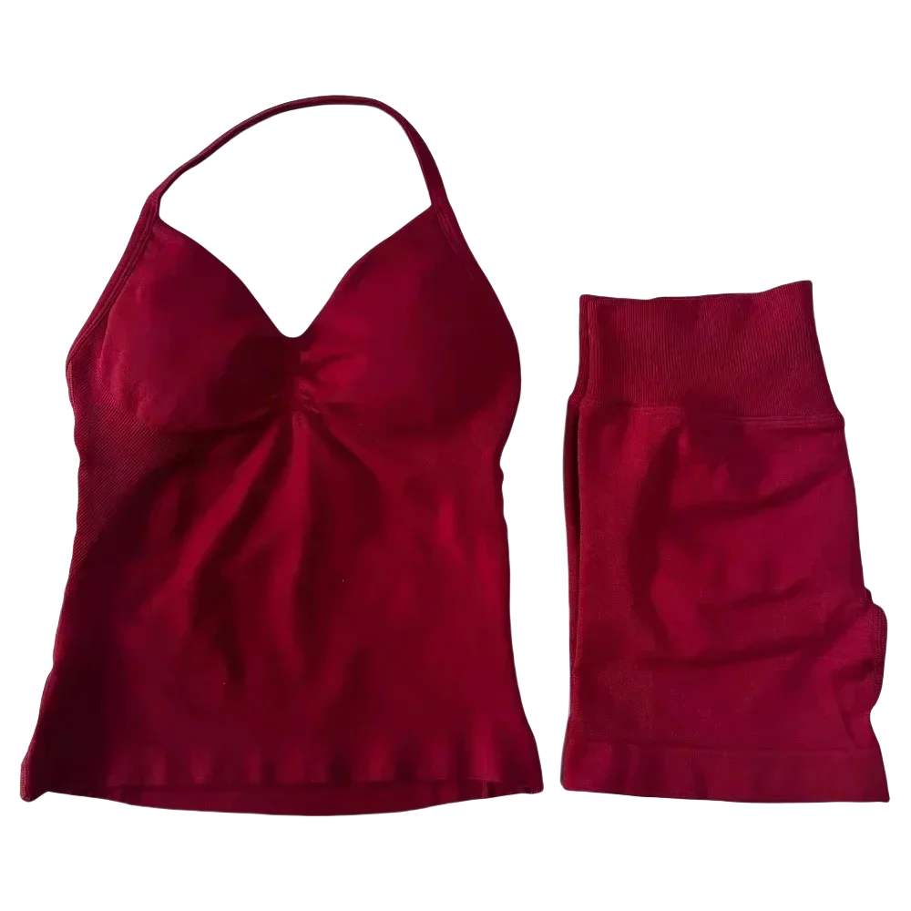 NEW Arrivals 2PCS Set 10 Colors Girls Yoga Gym Set Women's Strap Vest & Shorts Resistance Training Seamless Halter Tank Top Scrunch Butt Lifting Gym Shorts Set