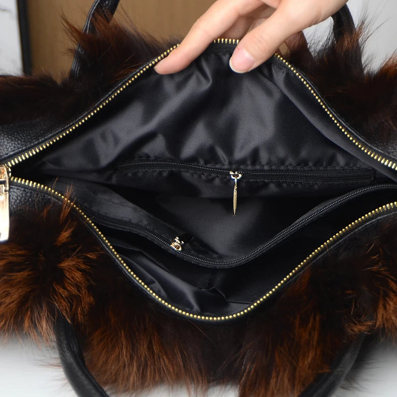 Luxurious Real Natural Red Fox Fur Handbag Women Single Shoulder Crossbody Bags Lady Clutch Bag Tote Bag Winter Outdoor Evening Travel Ladies Warm Shoulder Bags Female Women Luxury Fashion Clothing Accessories Products