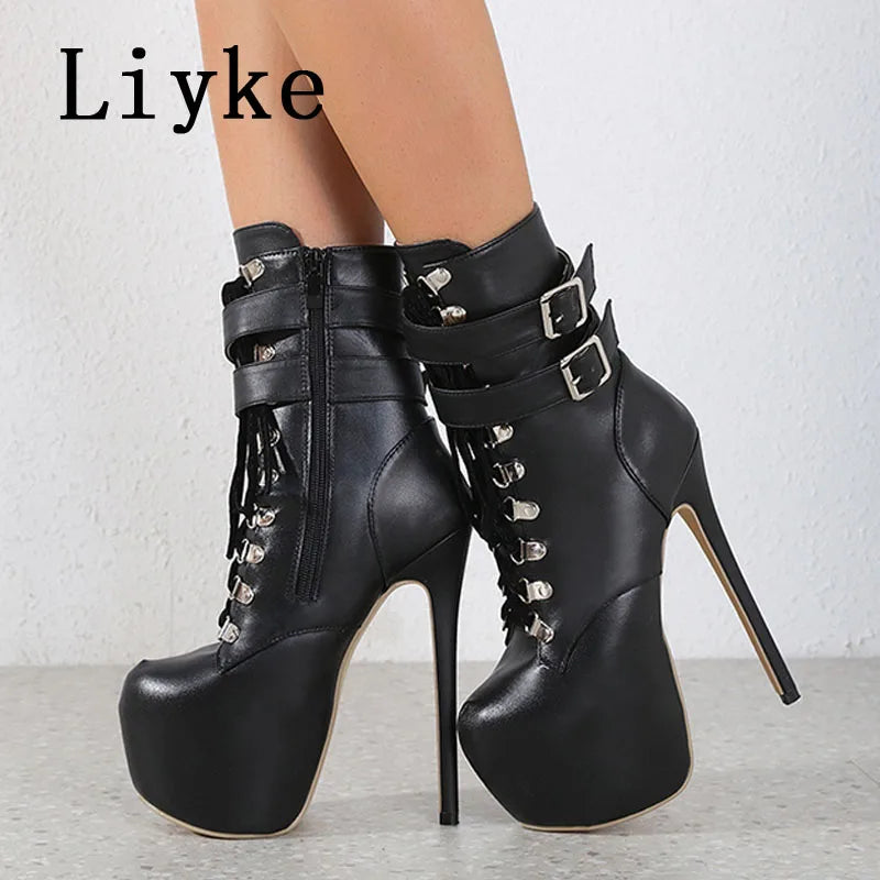 Autumn Winter Platform Boots For Women Sexy Round Toe Buckle Strap Pole Dance High Heels Pumps Fashion Lace-Up Runway Shoe