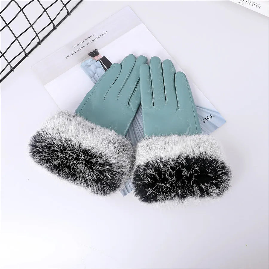 New Arrivals Women's Luxury Real Sheepskin Leather Gloves With Real Natural Rabbit Fur Cuffs Female Formal Evening Party Business Dinner Warm Gloves Fleece Lining Touch Screen Gloves Ladies Luxury Fashion Apparel Accessories