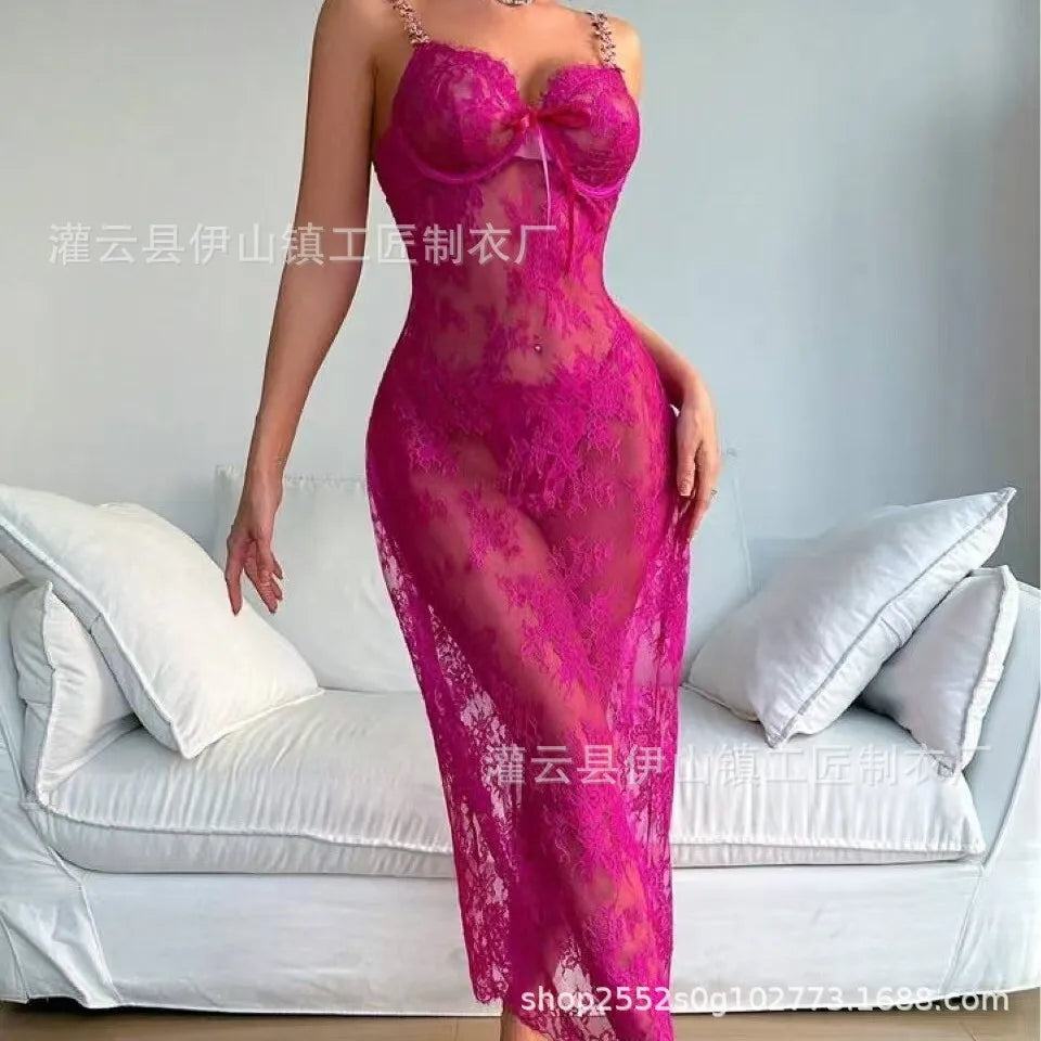 New 4 Colors Sexy Lace Mesh Flower Embroidery Backless Deep V Suspenders Sleeveless Long Dress Women's Thin Pure Desire Casual Style GUT0