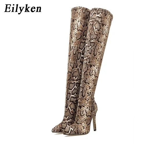 Low-Price Sales are Limited Luxury Leopard Grain Serpentine Long Boots Women High Heel Boot Pointed Toe Sexy Nigh Club Pole Dance Shoes Thigh High Over-The-Knee Booties Ladies Girls Luxury Fashion Apparel Accessories Clothing