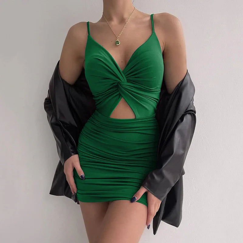 NEW Arrivals Green/Blue/Black Color Sexy Spaghetti Strap Bodycon Dress Women Backless Folds Wrap Hip Dresses Female Causal Streetwear Slim Dress Ladies Sexy Fashion Clothing Supplies