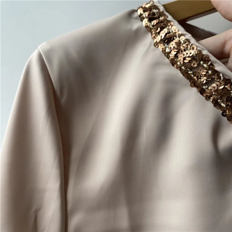 NEW Arrivals M-2XL UK Size Luxury French Acetate Blouse Spring Autumn V-Neck Sequined Shirt for Women Long Sleeve Champagne Female Top Light Luxury 513P