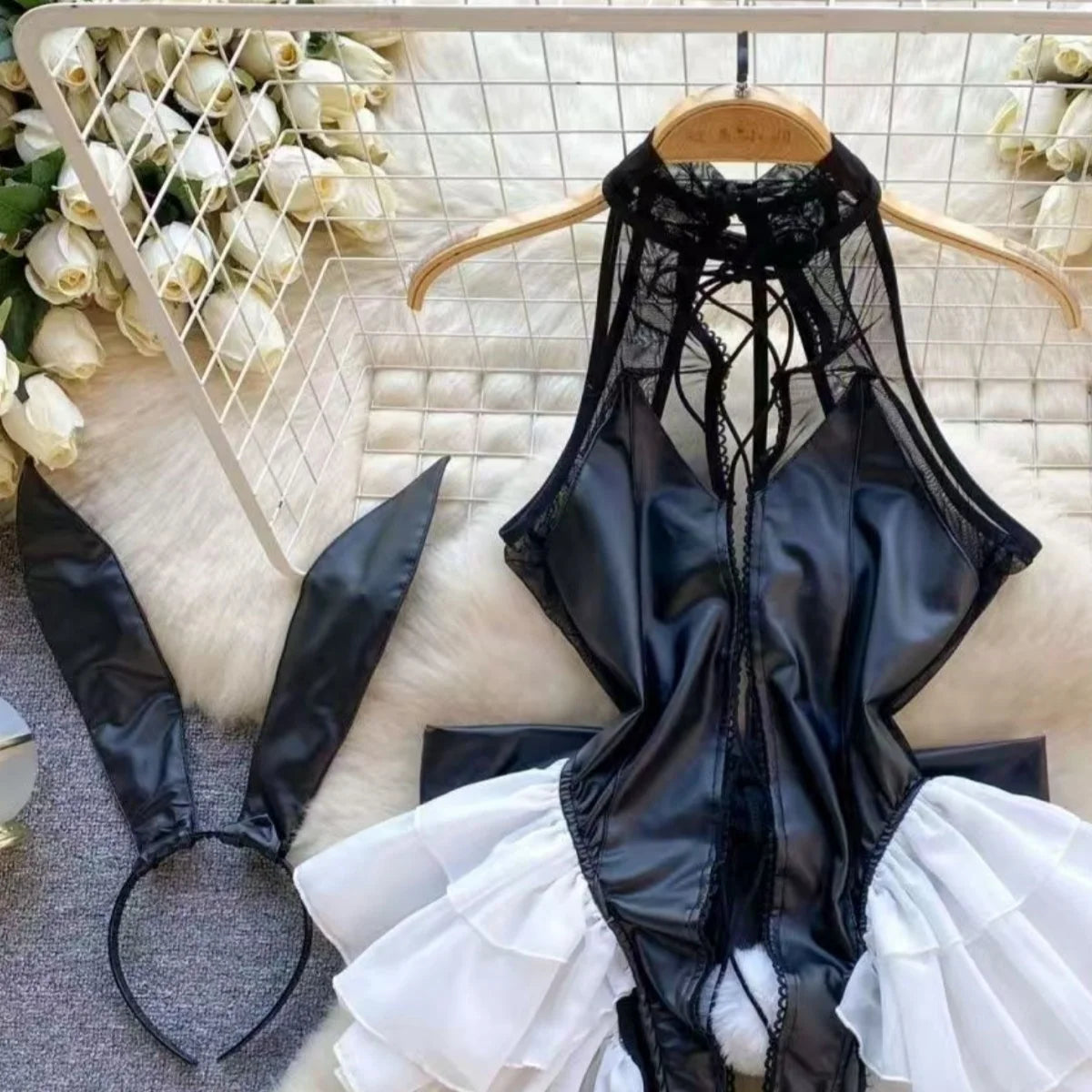 NEW Arrivals Bunny Role-Play Women's Nightwear Lady's Secret Clothing Halter Patchwork Bodysuit Erotic Lingerie Sexy Black Playsuit Bodycon