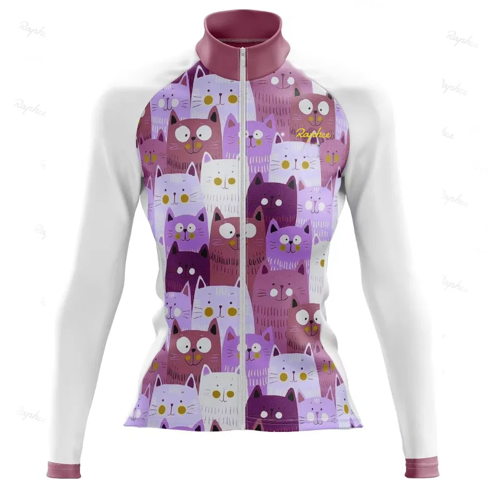 NEW Arrivals S-3XL Plus Size Long-Sleeved Road Bike Cat Pattern Cycling Jersey + Leggings Summer Quick-Drying Breathable Slim Cycling Long-Sleeved Cycling Jersey Women Sports Apparel Supplies