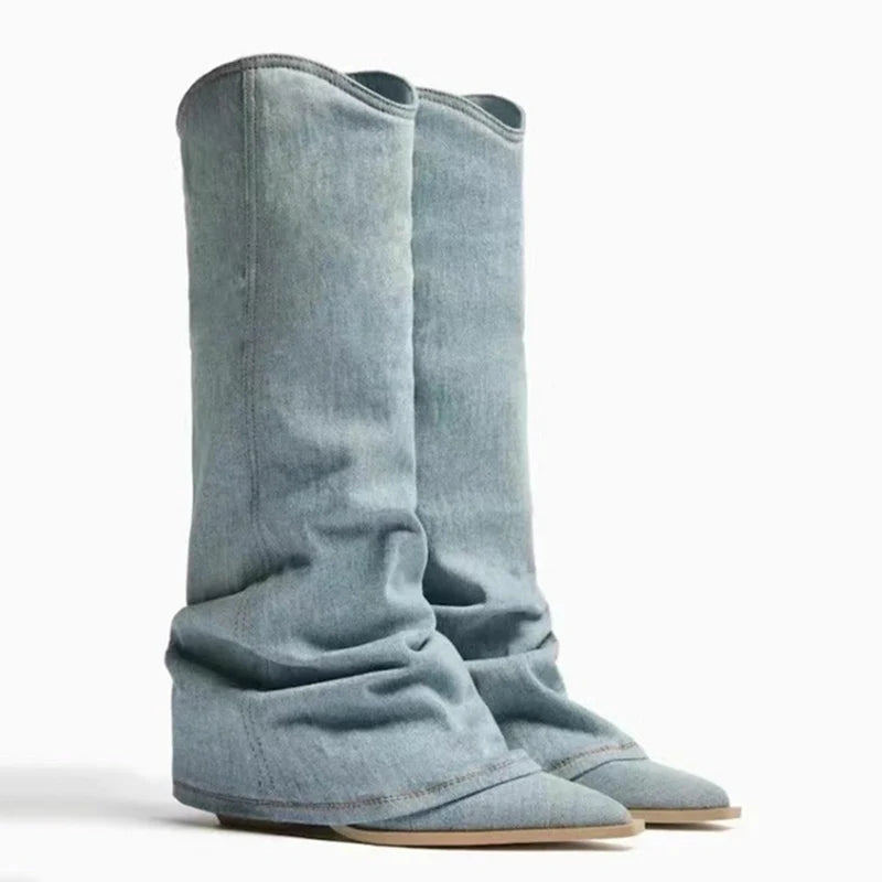 New Blue Denim Knee High Boots Women Pointed Toe Thick Heels Western Boots Woman Pleated Pull-On Long Cowboy Botas Mujer