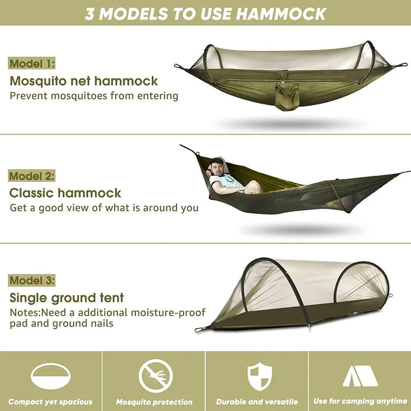 3 in 1 Camping Hammock with Mosquito Mesh Automatic Quick Opening Nylon Hammock Anti-Mosquito Hammock for Outdoor
