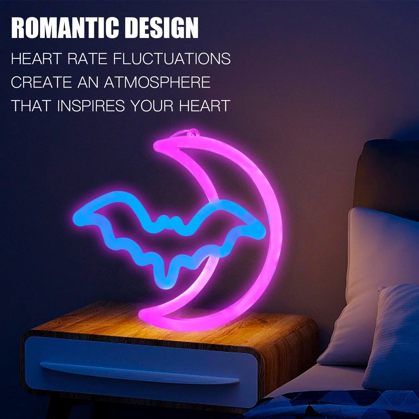 NEW Arrivals 1PC Moon Bat NEON Light, LED Wall Sign, Battery/USB Powered, for Bedroom, Party, Wedding, Birthday Game Room (Batteries Excluded) Home Romantic Decoration Accessories