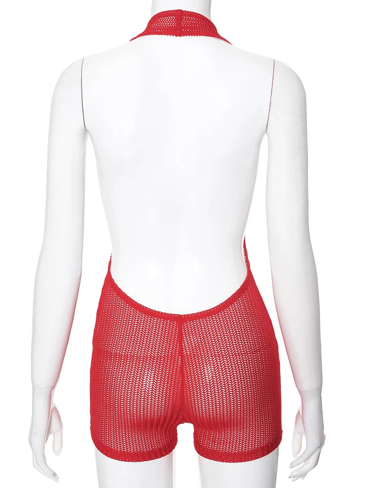 NEW Arrivals Sexy Hot Red Backless Halter Rompers Women Thin Sexy Sleeveless Backless Stretch See Through Playsuits Midnight Clubwear Overalls Girls Sexy Fashion Clothing Supplies