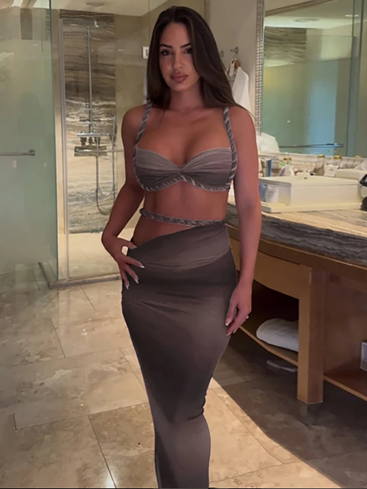 NEW 2PCS Set S-XL UK Size 12 Colors Italian Design Square Collar Women Bra +Skinny Long Skirts Bandage Ruched Summer Vacation Beach Party Trend Suits