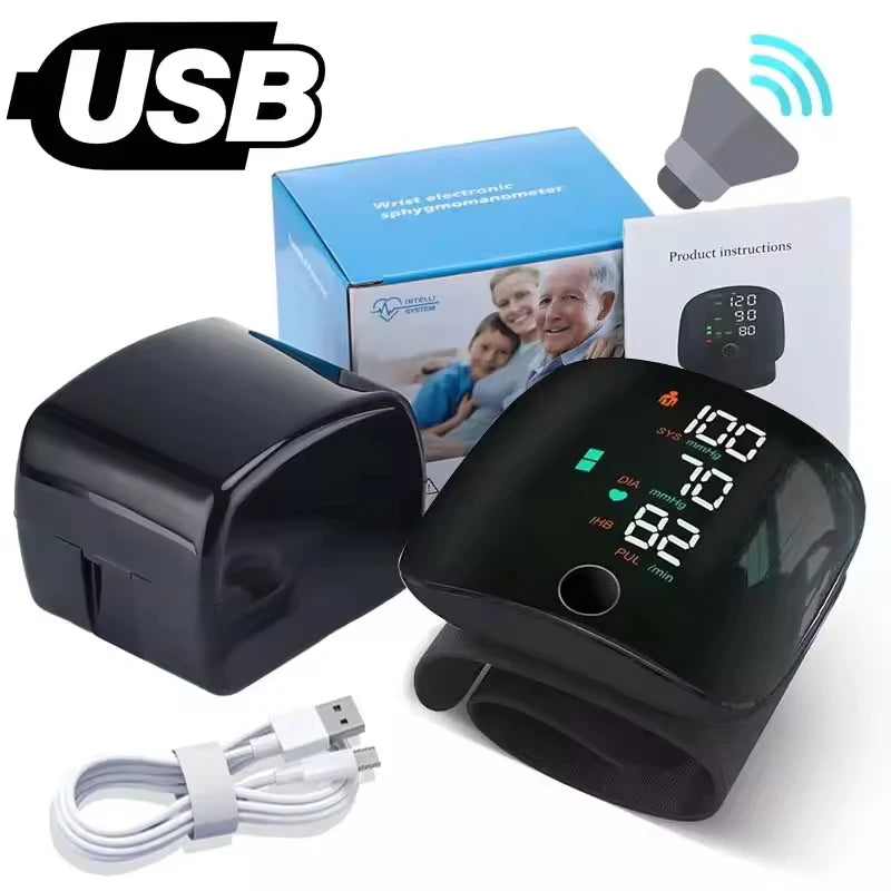 NEW Arrivals English Voice Portable LED Wrist Blood Pressure Monitor Portable Rechargeable Digital Tonometer Sphygmomanometer BP Monitor Health Care Supplies