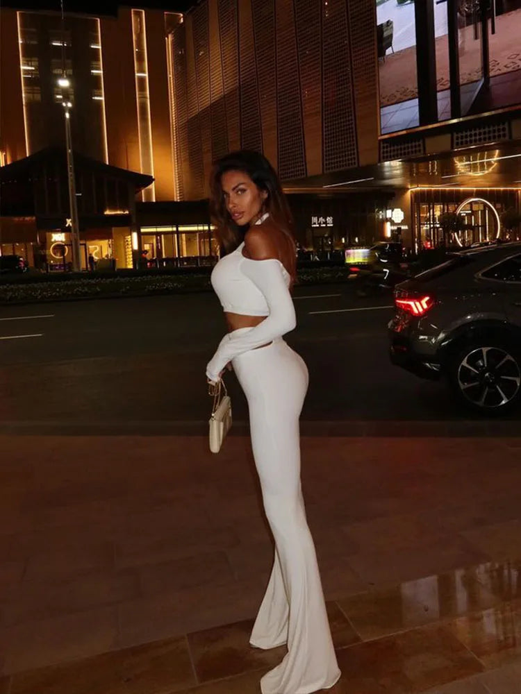 NEW Arrivals 2PCS Set Black/White Tops + Pants Italian Fashion Sexy Sheath Women's Suits Sets Solid Hollow Out Slim Fit Tracksuits Long Sleeves Slash Neck Ladies Girls Casual Fashion Clothing Supplies