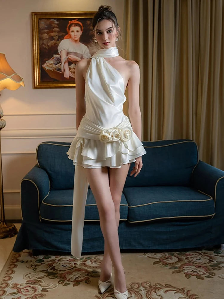 NEW Arrivals UK Size Satin Sexy Backless 3D Flowers Women Dress White Halter A-Line Dress Female Spring Summer Slim Elegant Evening Party Clubwear Outfit