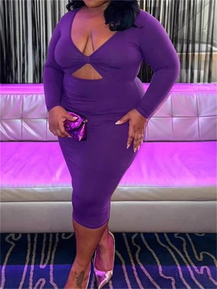 NEW Arrivals XL(18)-5XL(26-28) UK Plus Size Sexy Spring Summer Purple Dress Chubby Women Bodycon Stretch V-Neck Hollow Out Elegant Long Sleeve Summer Evening Party Maxi Dress