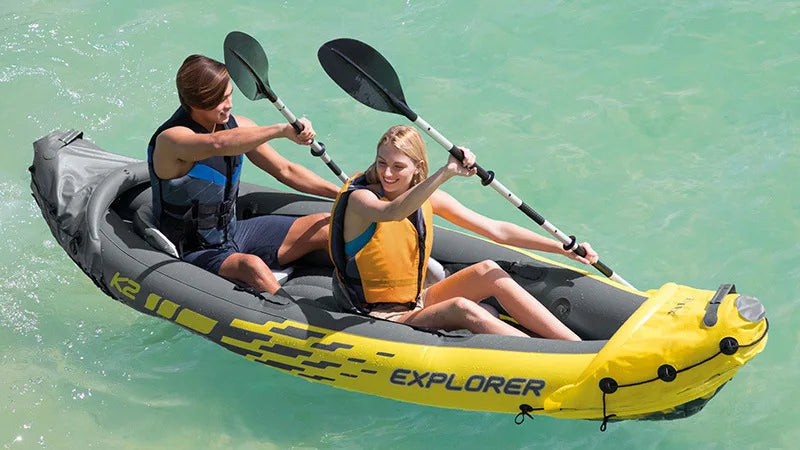 NEW 2 Persons Full Set + Life Jackets Inflatable Kayak Boat Rubber Boat Drifting Single Adjustable Double Assault Boat Drifting Kayak Outdoor Fishing Beach Sea River Boat Sports Supplies