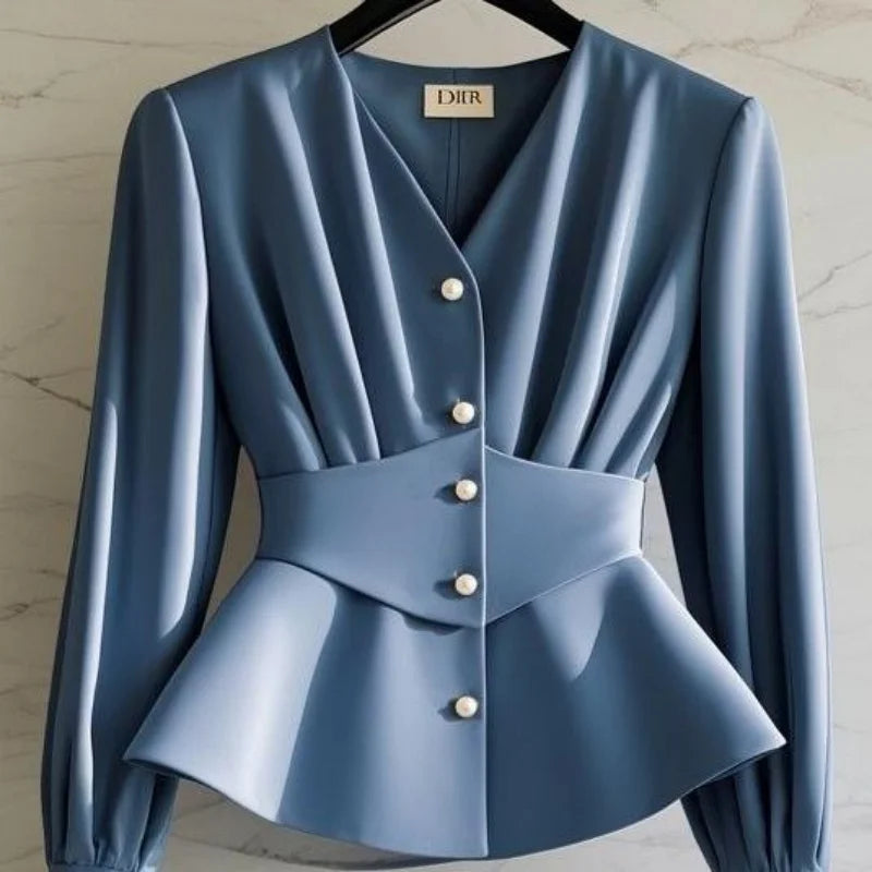 NEW Arrivals S-XL UK Size Luxury French High End Blue Blouse Autumn Design Slim Waist Pleat Patchwork Shirts Women V-Neck Pearl Button Tops Luxury 049A