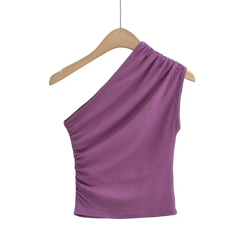 NEW Arrivals S-XL UK Size 4 Colors Women's One Shoulder Tank Top Sexy Hot Sweet Solid All-Match Summer Casual New Trend Folds Elegant Irregular Sleeveless Camisole Tops