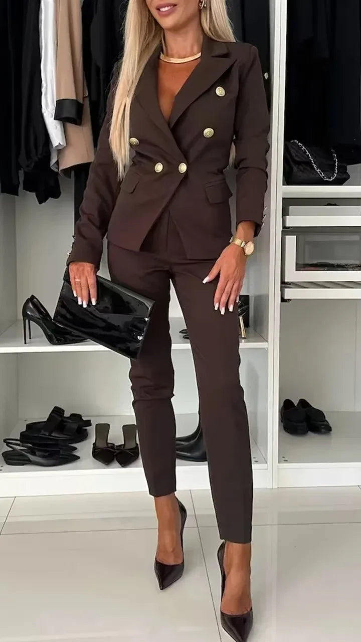 NEW Arrivals 2PCS Set UK S-2XL Size 8 Colors Women Office Smart Clothes Suit Blazer Double Breasted Button Solid Color Jacket & High Waist Slim Pencil Pants Ladies Luxury Fashion Clothing Supplies