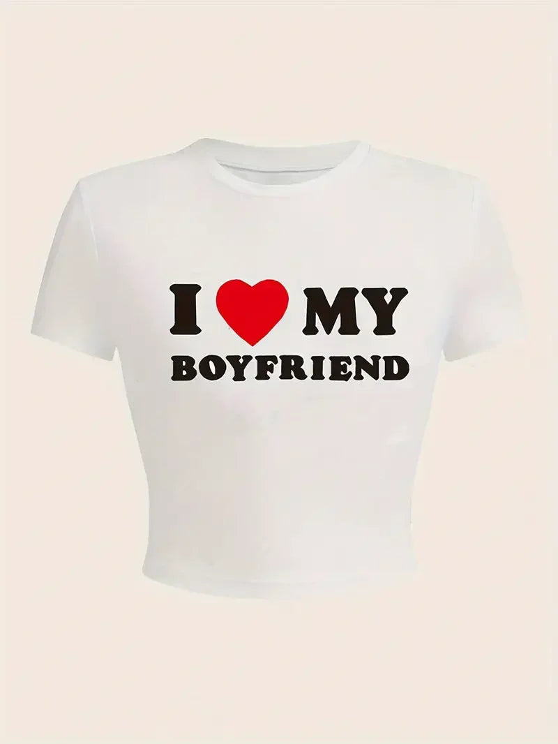 NEW Arrivals White/Black Cropped Shirt *I Love My Boyfriend* T-Shirt Casual Crew Neck Short Sleeve Crop Top for Summer Women's Outdoor Running Cycling Fitness Streetwear Beach Bar Tops