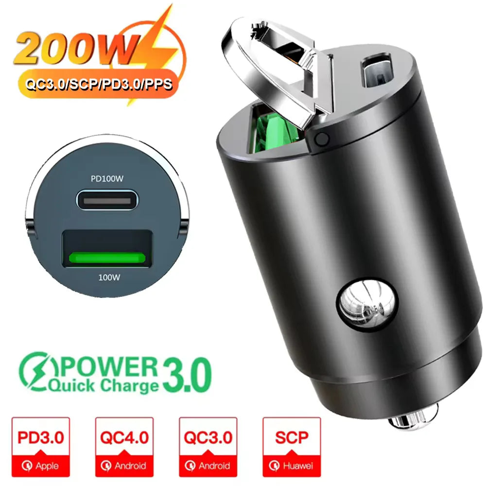 NEW 200W QC3.0 PD Mini Car Charger 12-24V Lighter Fast Charging Car USB Type C Charger for Xiaomi Samsung Huawei iPhone Power