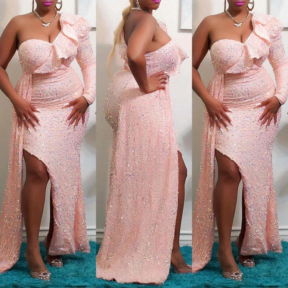 NEW Arrivals S-4XL Plus Size 7 Colors Women One Shoulder Sequin Slim High Waist Dress Autumn Winter Spring Evening Party Dress Women Sexy Ruffle Elegant Party Formal Dress
