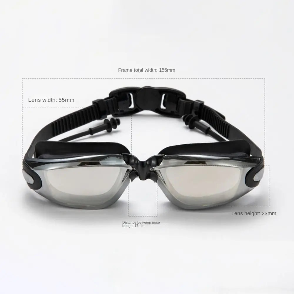 NEW 4 PCS Set Anti-Fog Adult Myopia/ Transparent/ Electroplated Professional Swimming Goggles Set with Nose Clip, and Ear Plugs Adjustable Silicone Swim Cap Waterproof Ultralight