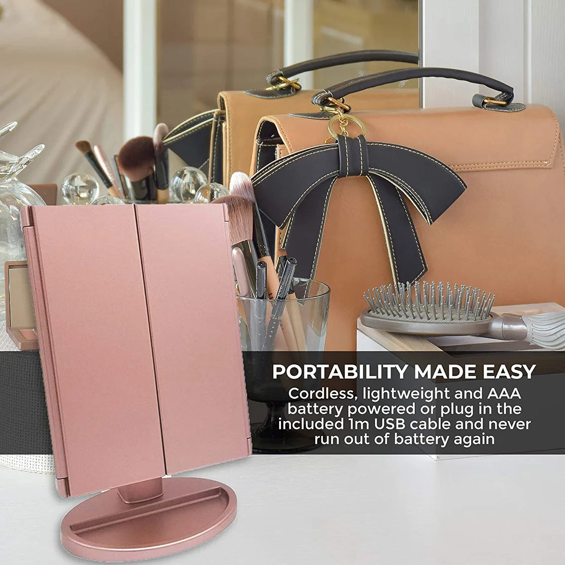 22 LED Light Vanity Mirror 1/2/3X Magnifying Cosmetic 3 Folding Makeup Mirrors 180 Rotation Stepless Dimmer Beauty Table Mirrors