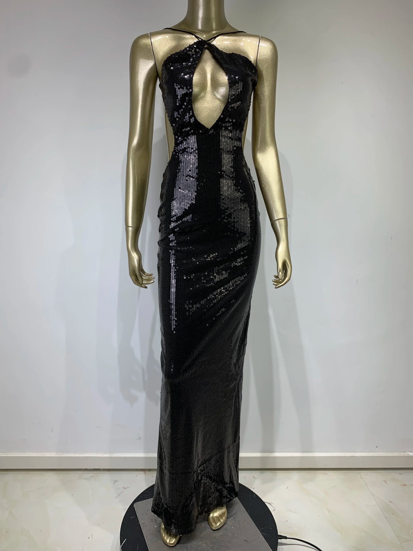 BRAND NEW UK Size Sexy Luxury Black Silk Maxi Dress Women Spring Summer Backless Halter Mesh Sequins Long Silk Gowns Dress Red Carpet Celebrity Wedding Guest Evening Party Club Dress
