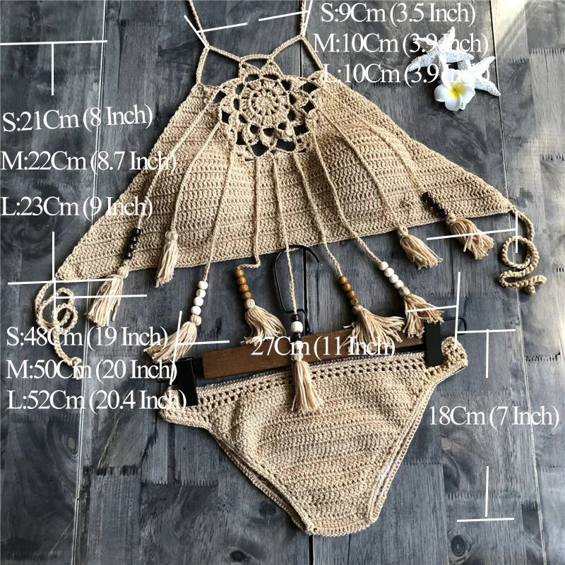 NEW Arrivals 7 Colors Handmade Women Knitted Swimwear Sexy Bikini 2PCS Set Swimsuit Female Push Up Brazilian Biquini Bathing Suit Thong Bather Bikini Set Girls Ladies Beachwear
