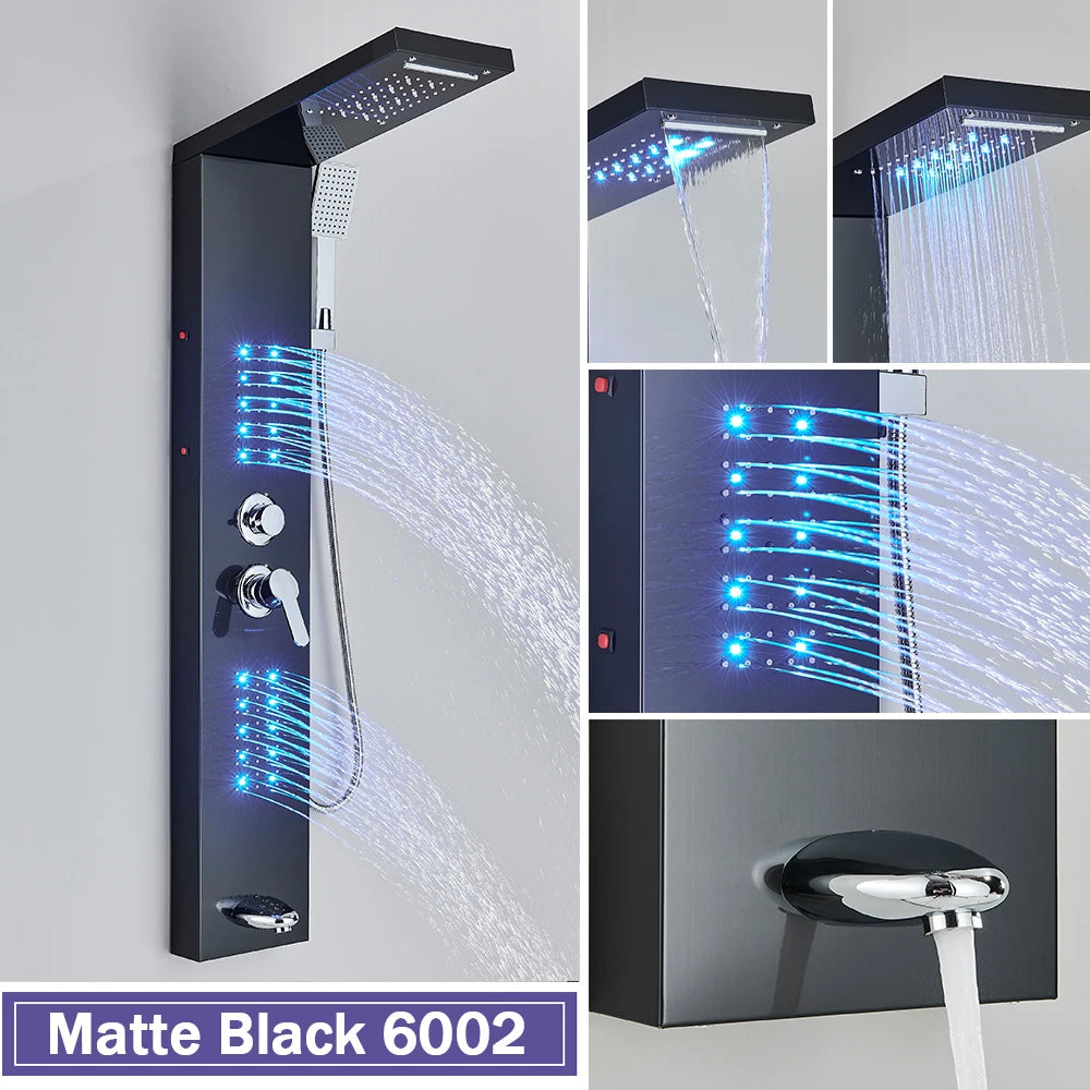 Silver Nickel and Black Color Luxury Massage Spa Shower Column LED Lights Rainfall Bathroom Faucet with Massage Jet Bath Panel System 5 Modes Waterfall Hot Cold Mixer Tap Home Hotels Bathroom Supplies