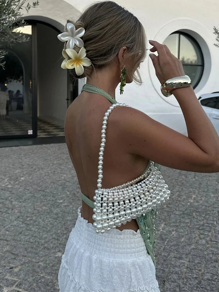 NEW Arrivals UK Size Green/Brown Sexy Deep V Neck Beach Tank Top Hot Girls Summer Sequins Patchwork Sleeveless Vest Women Evening Beach Party Night Club Sexy Backless Top