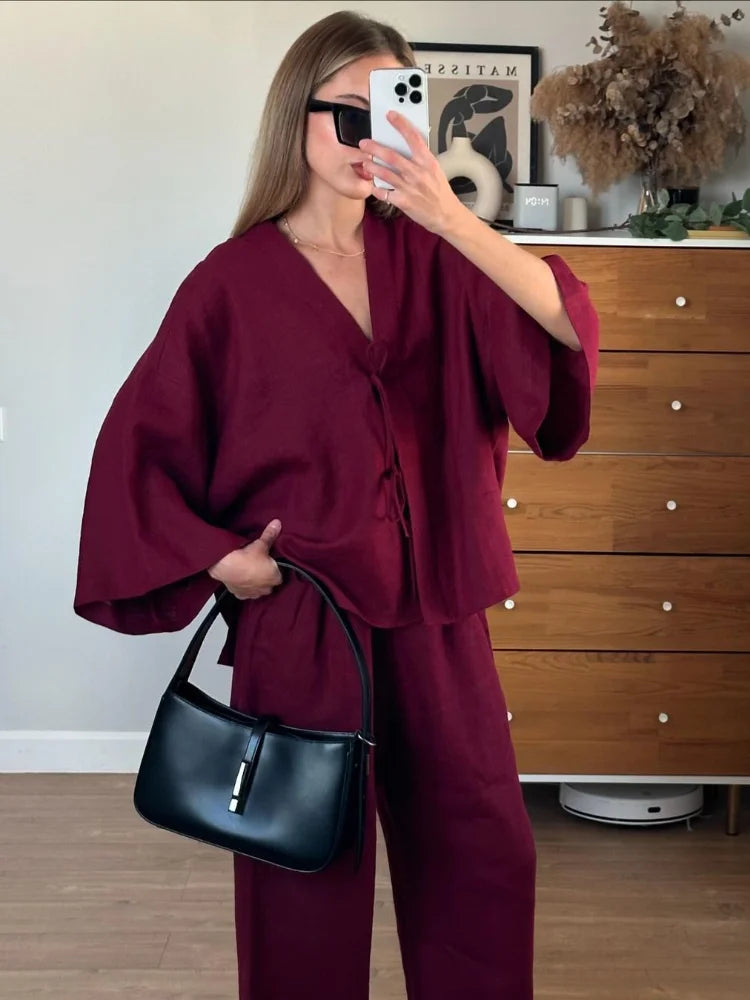 NEW Arrivals 12 Colors/Patterns UK Size Women Casual Cotton Linen Shirt Pants Suit Fashion Single Breasted Blouses Elastic Waist Pant Set Spring Summer Loose Outfit