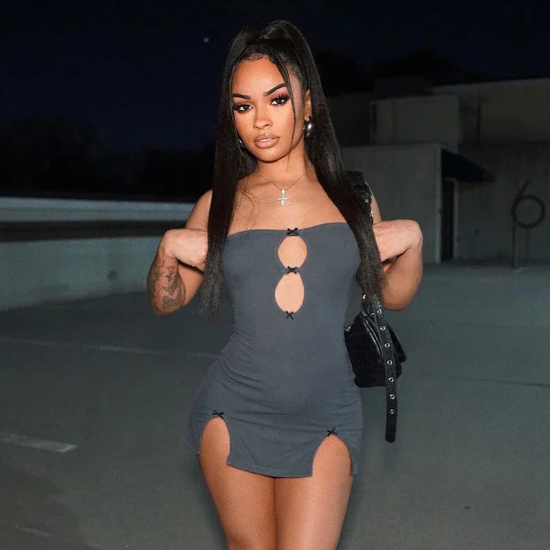 NEW Arrivals UK Size Pink/Silver Y2K Sexy Mini Dress Women Summer Evening Beach Party Hottie Hollow Out Strapless Solid Color Pullover Dresses Streetwear Girls Night Club Sexy Outfits